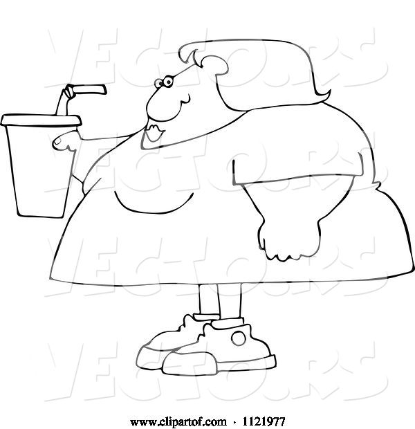 Vector of Cartoon Outlined Obese Lady Holding a Fountain Soda