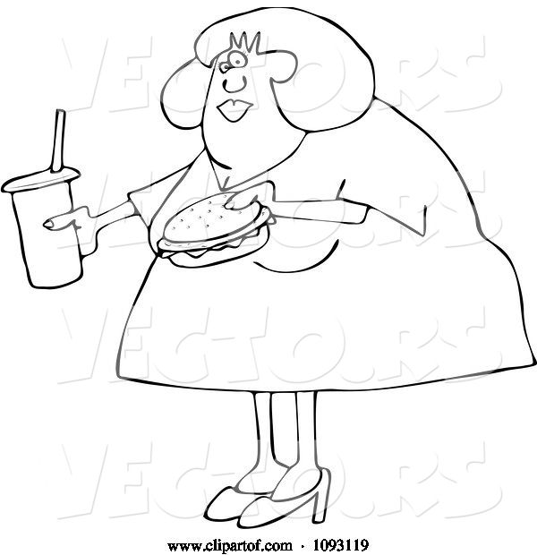 Vector of Cartoon Outlined Overweight Lady Carrying a Soda and Hamburger