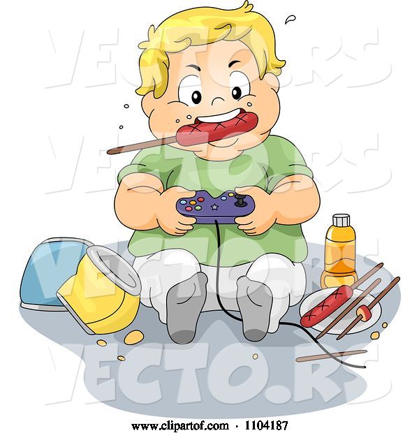 Vector of Cartoon Overweight Blond Boy Eating a Sausage and Playing Video Games