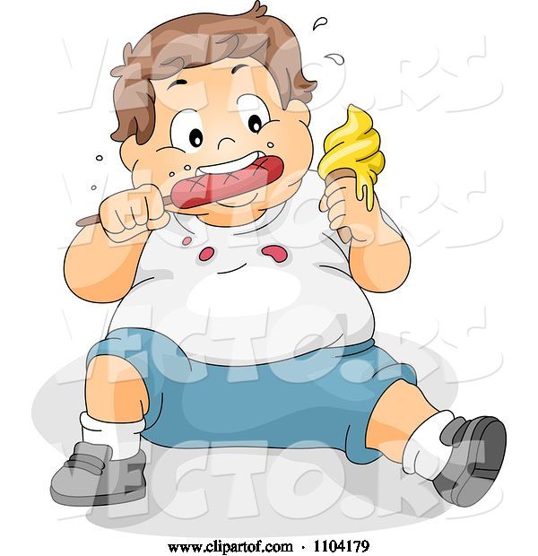 Vector of Cartoon Overweight Brunette Boy Eating Ice Cream and a Hot Dog