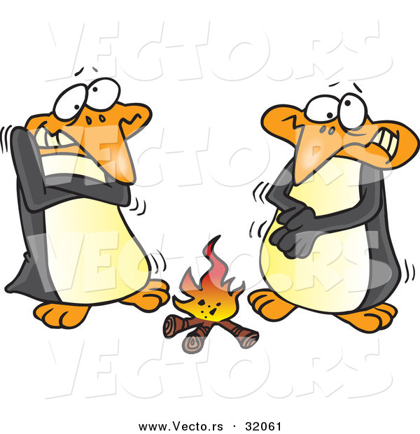 Vector of Cartoon Penguins Warming up Beside a Campfire