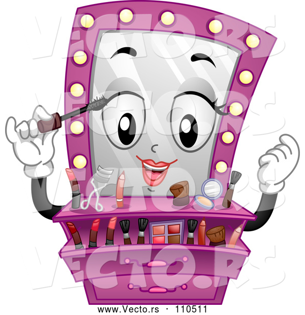 Vector of Cartoon Pink Vanity Mirror Mascot Putting on Makeup