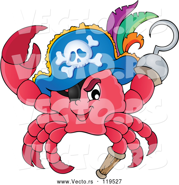 Vector of Cartoon Pirate Crab Captain with a Hat Peg Leg and Hook Hand