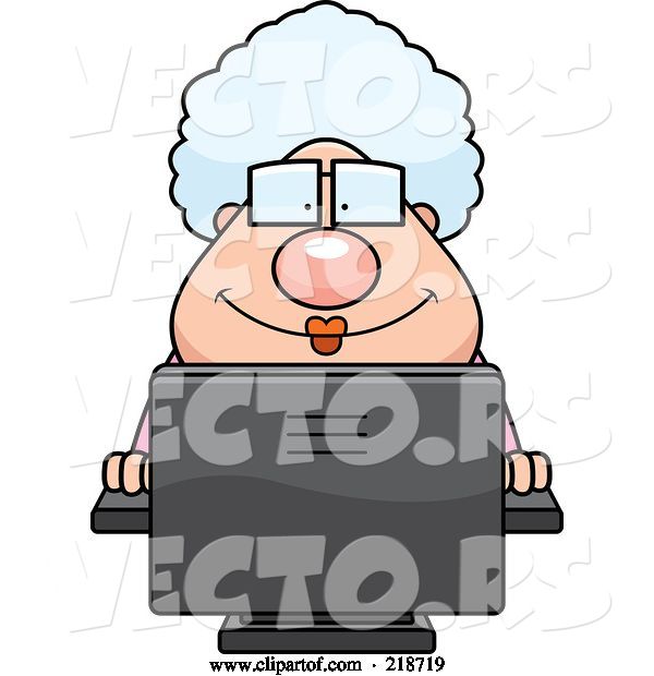 Vector of Cartoon Plump Granny Using a Desktop Computer