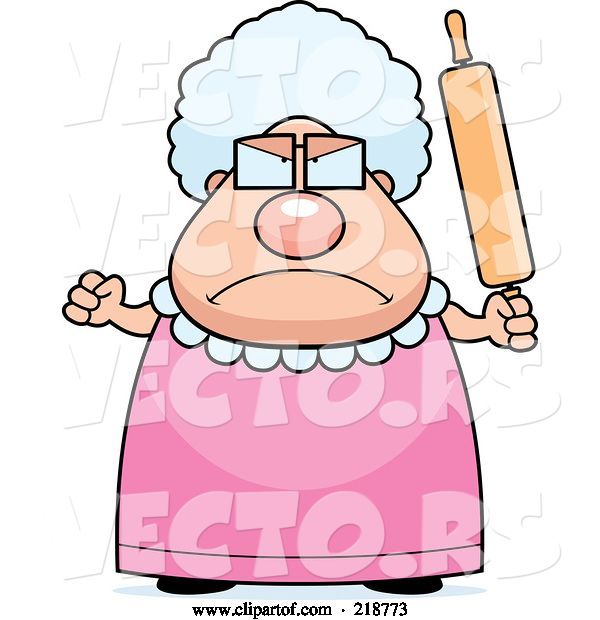 Vector of Cartoon Plump Granny Waving a Rolling Pin in Anger