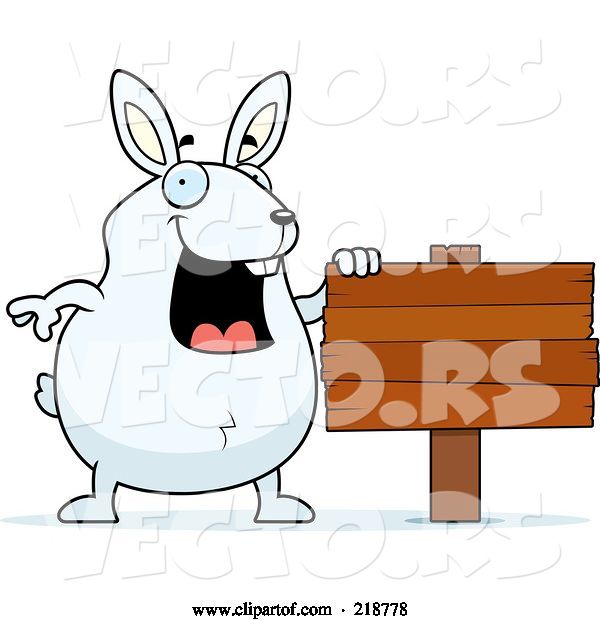 Vector of Cartoon Plump White Rabbit Standing by a Blank Wood Sign