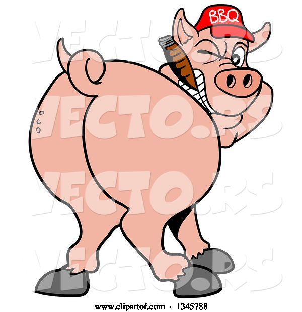 Vector of Cartoon Rear View of a Grinning Pig Looking Back, Smoking a Cigar, and Wearing a Bbq Hat
