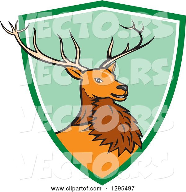 Vector of Cartoon Red Buck Deer Emerging from a Green and White Shield Circle