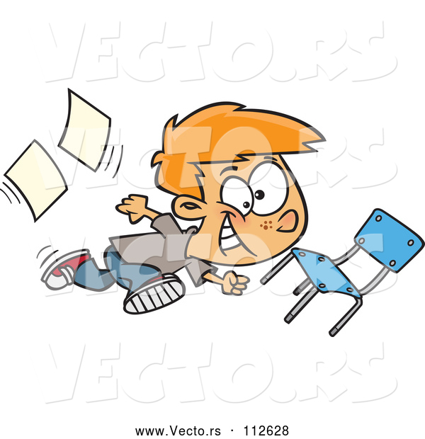 Vector of Cartoon Red Haired White School Boy Running Recklessly Through a Classroom