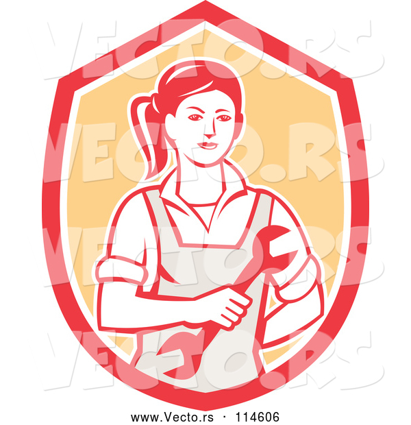 Vector of Cartoon Retro Female Mechanic Holding a Wrench in a Red White and Orange Shield