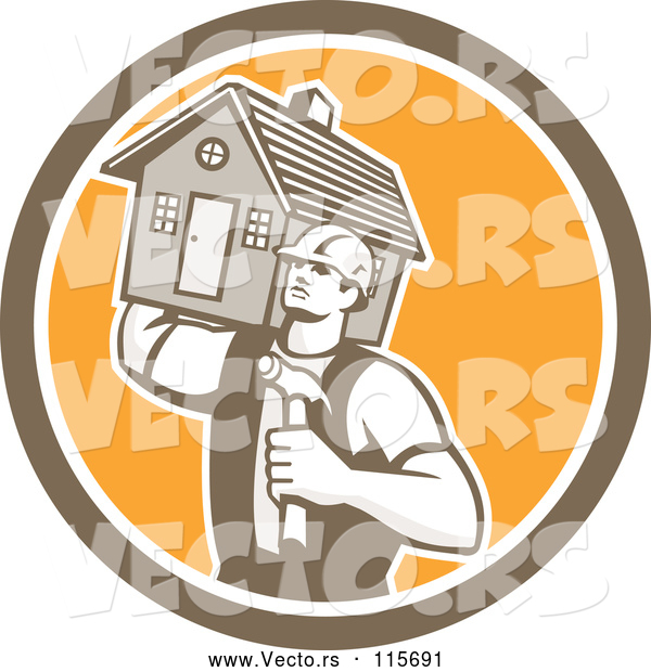 Vector of Cartoon Retro Male Home Bulider Carrying a House and Hammer in a Shield