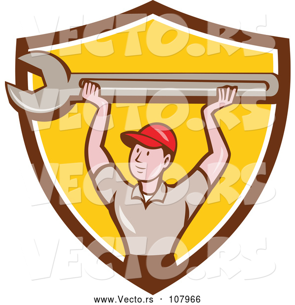 Vector of Cartoon Retro White Male Mechanic Holding up a Giant Spanner Wrench in a Brown White and Yellow Shield