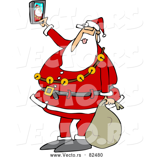 Vector of Cartoon Santa Taking Selfie Picture with Smart Phone