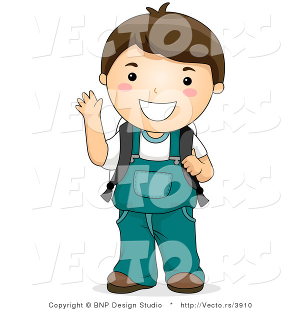 Vector of Cartoon School Boy Waving with Right Hand While Smiling
