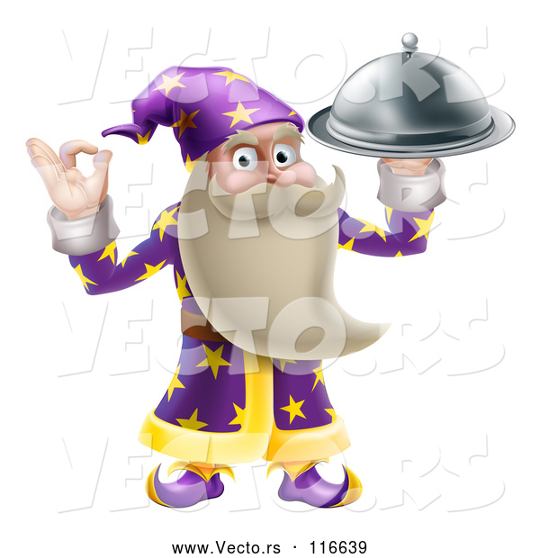 Vector of Cartoon Senior Wizard Holding up a Food Platter