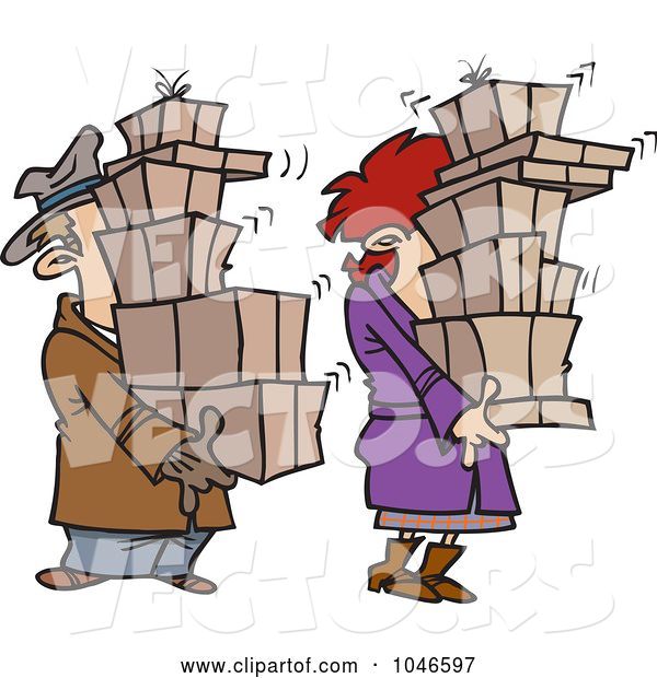 Vector of Cartoon Shaking Couple Carrying Packages