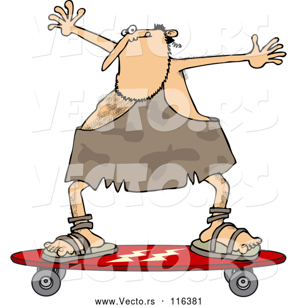Vector of Cartoon Skateboarding Caveman Holding His Arms up