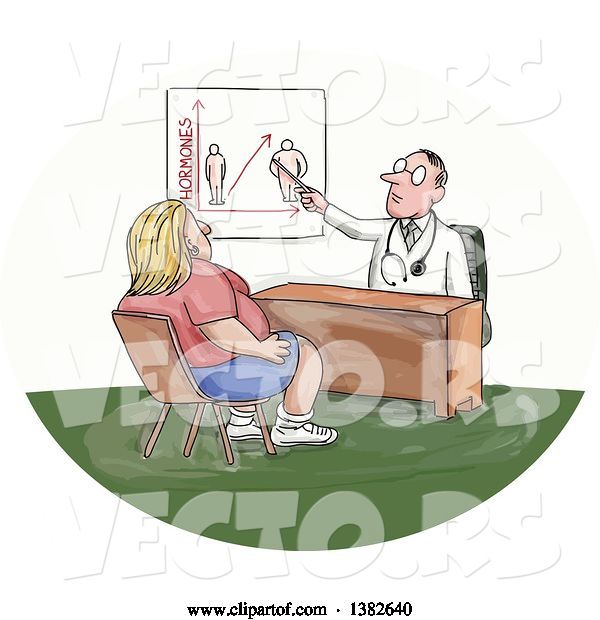 Vector of Cartoon Sketched White Male Doctor Discussing Weight with an Obese Lady