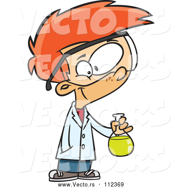 Vector of Cartoon Smart Red Haired White Boy Holding a Flask in a Science Lab