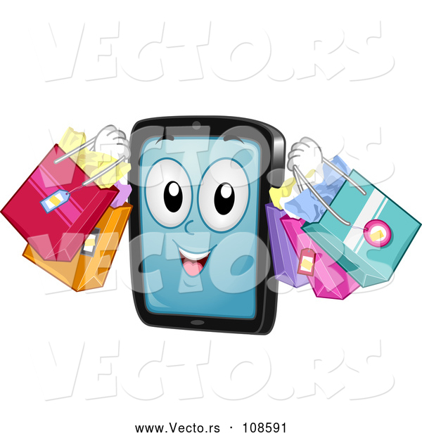 Vector of Cartoon Tablet Computer Mascot Carrying Shopping Bags