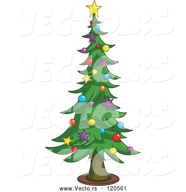 Vector of Cartoon Tall Christmas Tree with Star and Bauble Ornaments