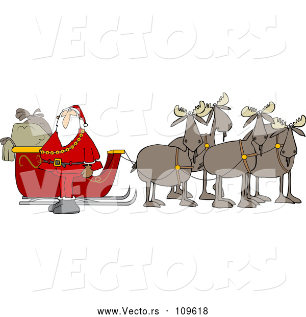 Vector of Cartoon Team of Moose Ready to Pull Santas Christmas Sleigh