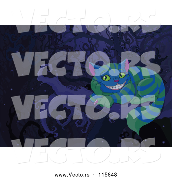 Vector of Cartoon the Cheshire Cat with Green and Blue Stripes on a Branch at Night