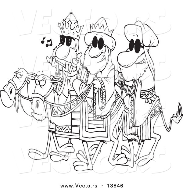 Vector of Cartoon Three Wise Dudes Wearing Shades and Riding Camels - Coloring Page Outline