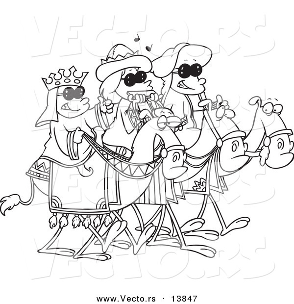 Vector of Cartoon Three Wise Kids Wearing Shades and Riding Camels - Coloring Page Outline