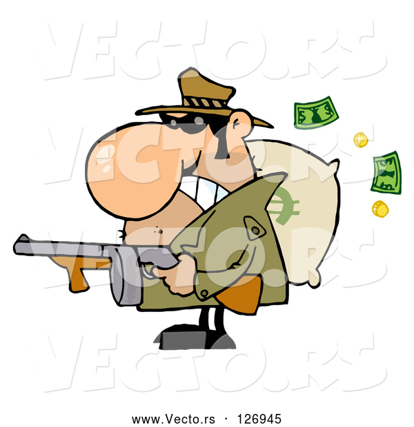 Vector of Cartoon Tough Mobster Holding a Machine Gun and Money Sack