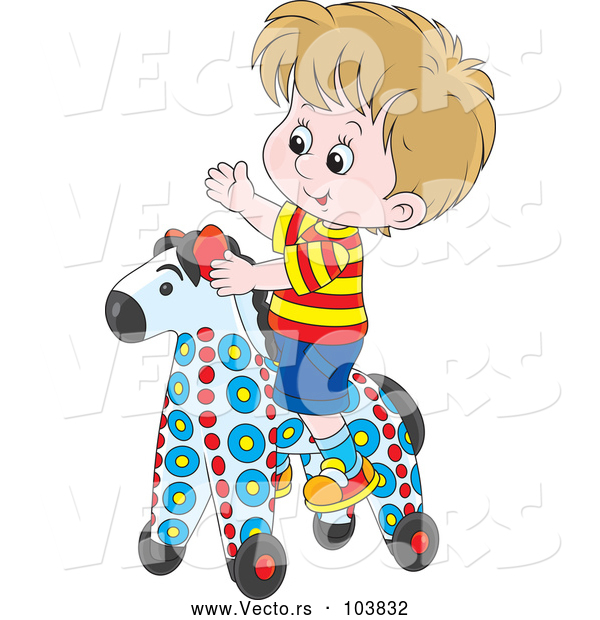 Vector of Cartoon White Boy Playing on a Rolling Toy Horse