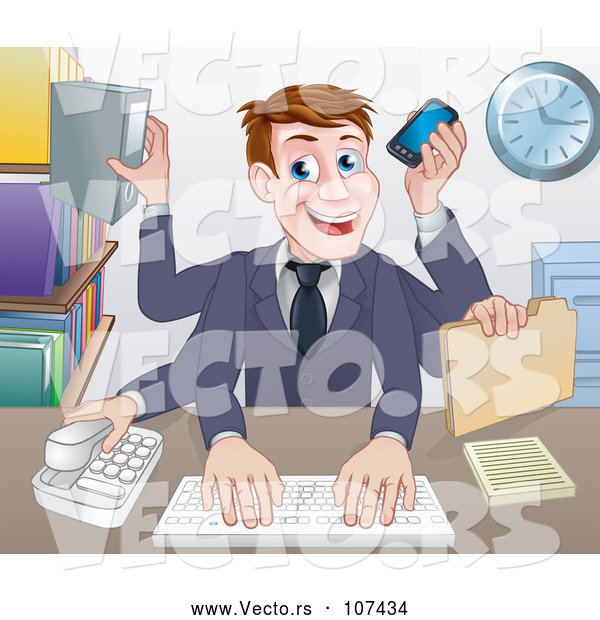Vector of Cartoon White Businessman Multi Tasking with Many Arms at His Office Desk