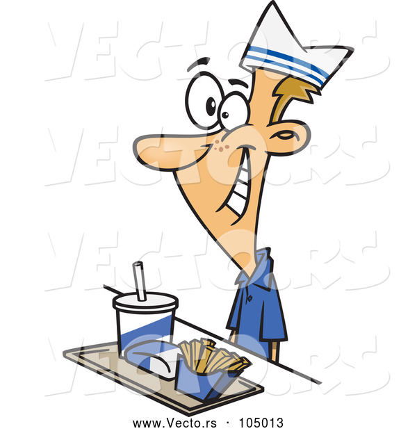 Vector of Cartoon White Fast Food Worker Guy with a Tray of Food at a Counter