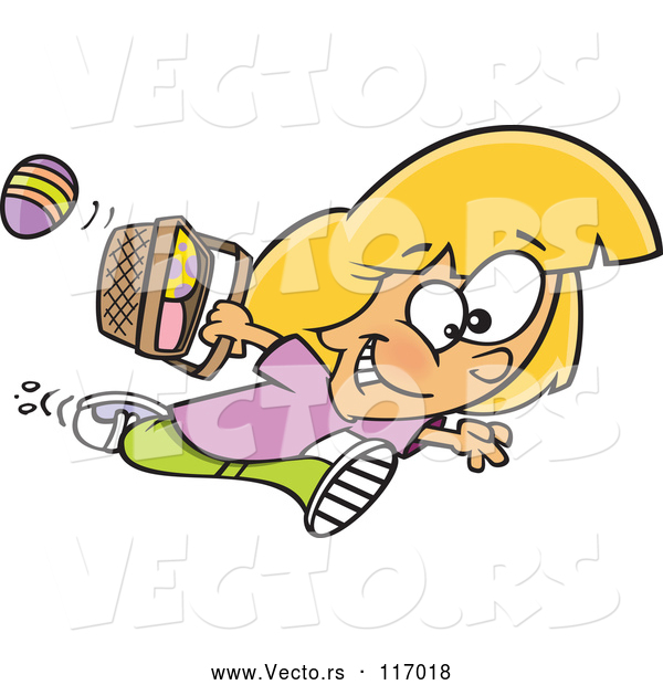 Vector of Cartoon White Girl Running with Eggs in an Easter Basket