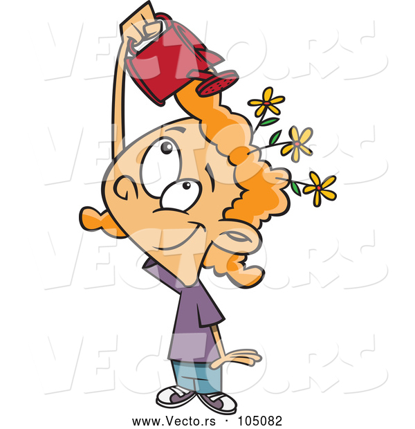 Vector of Cartoon White Girl Watering Flowers on Her Head, Mind Growth