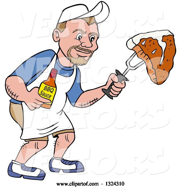 Vector of Cartoon White Guy Holding a Bottle of Bbq Sauce and a Steak