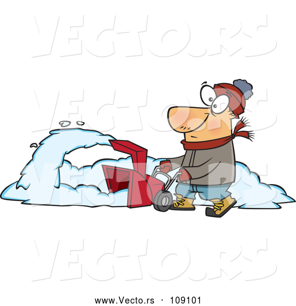 Vector of Cartoon White Guy Operating a Snow Blower on a Winter Day
