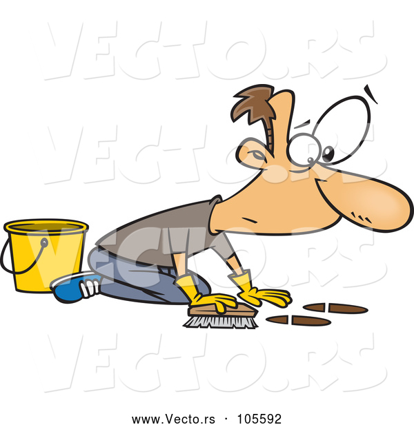 Vector of Cartoon White Guy Scrubbing a Floor