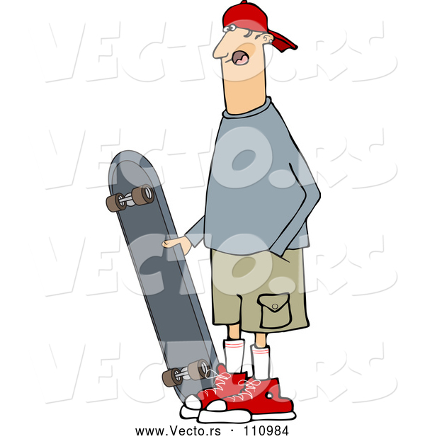 Vector of Cartoon White Guy Standing with a Skateboard