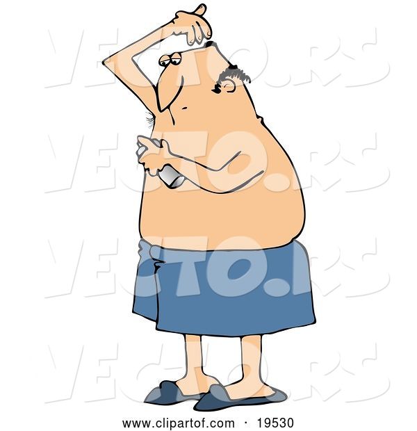 Vector of Cartoon White Guy Wrapped in a Towel, Spraying Deodorant on His Hairy Armpits After Getting out of the Shower