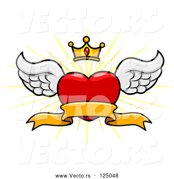 Vector of Cartoon Winged Heart Banner with a Crown and Burst