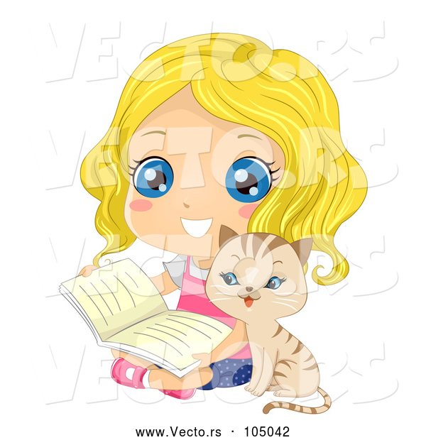 Vector of Cat Sitting with a Girl Reading a Book