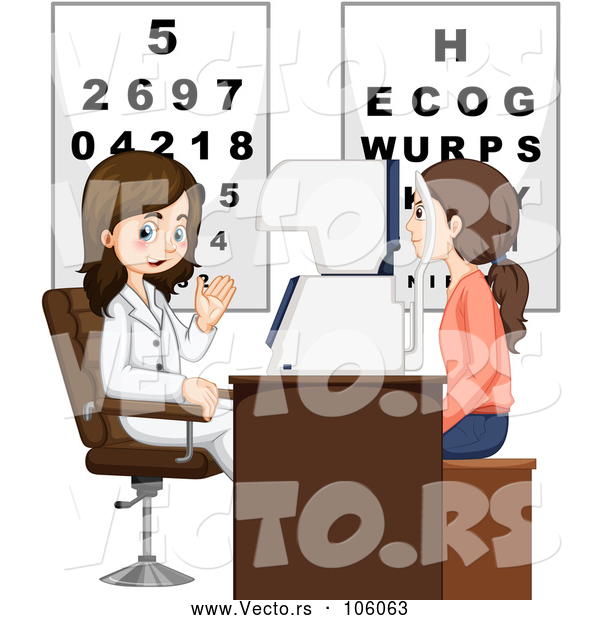 Vector of Caucasian Woman Having Her Eyes Checked by a Female Optometrist