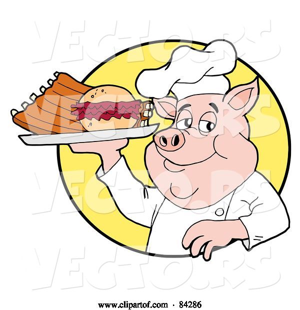 Vector of Chef Pig Holding a Pulled Pork Burger and Ribs on a Plate