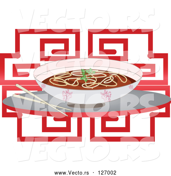 Vector of Chinese Noodle Soup Bowl and Chopsticks over Red