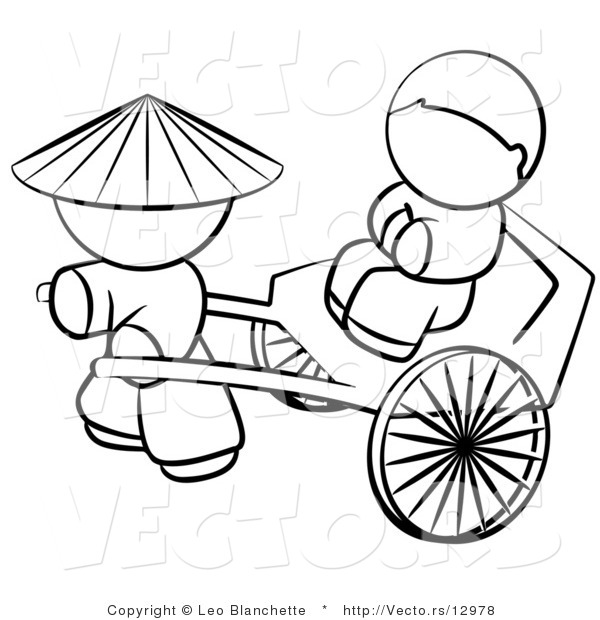 Vector of Chinese Person Pulling a Customer in a Cart - Coloring Page Outlined Art