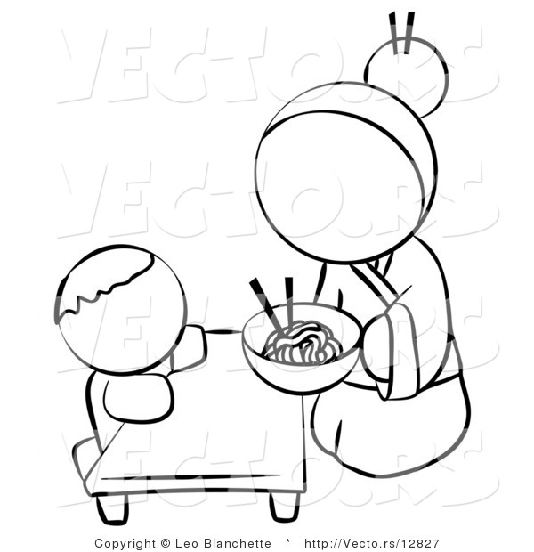 Vector of Chinese Woman Feeding Her Baby Noodles - Coloring Page Outlined Art