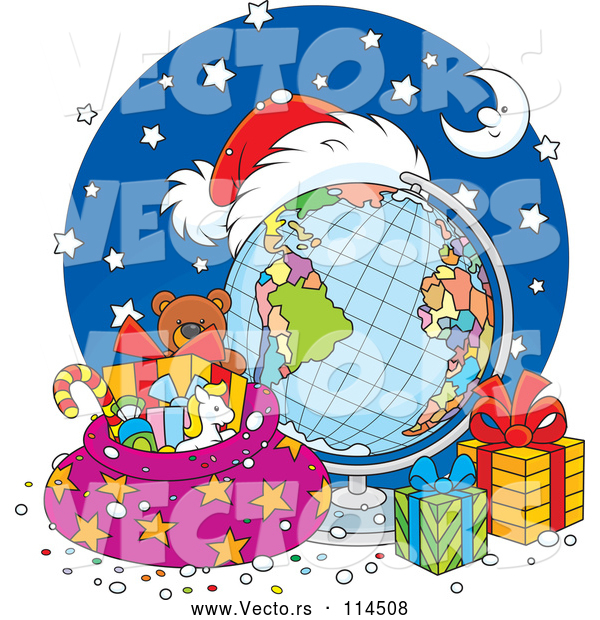 Vector of Christmas Desk Globe with Santa Hat, Bag and Gifts
