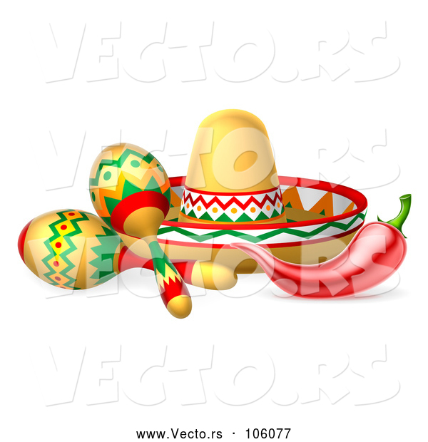 Vector of Cinco De Mayo Theme with a Chili Pepper, Maracas and Mexican Sombrero