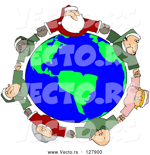 Vector of Circle of Diverse Elves with Santa and Mrs Claus, Holding Hands and Looking up
